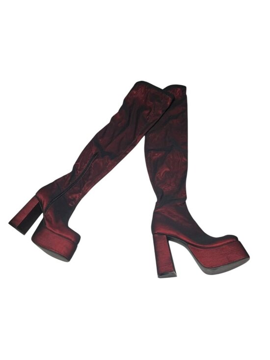 Current Mood Shoes - Red Satin Thigh-High Platform Boots  Current Mood Womens Size 9M Side Closure Ov